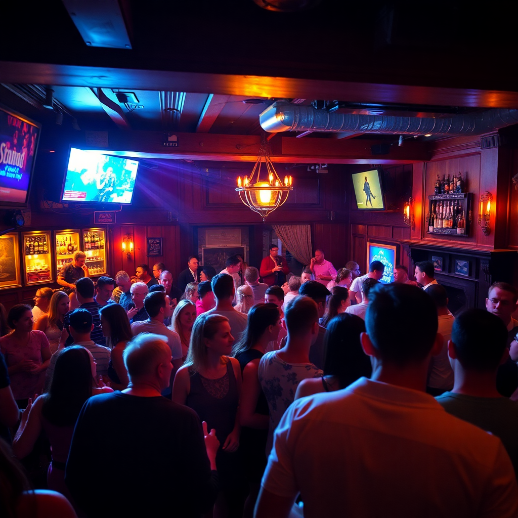 People enjoying music in a bar, warm ambient lighting, musicians performing, diners socializing, modern interior, atmospheric lighting