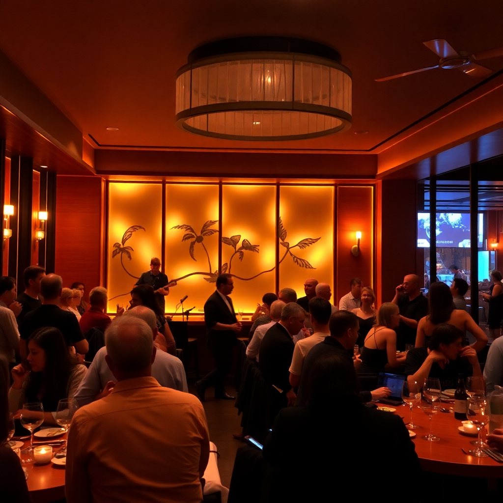 People enjoying background music in an upscale restaurant, warm ambient lighting, musicians performing, diners socializing, modern restaurant interior, atmospheric lighting