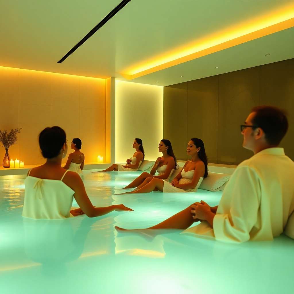 People enjoying background music in a relaxing spa with warm ambient lighting