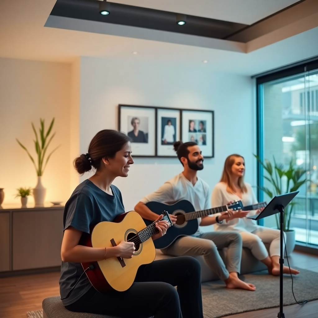 People enjoying background music in a relaxing spa with warm ambient lighting